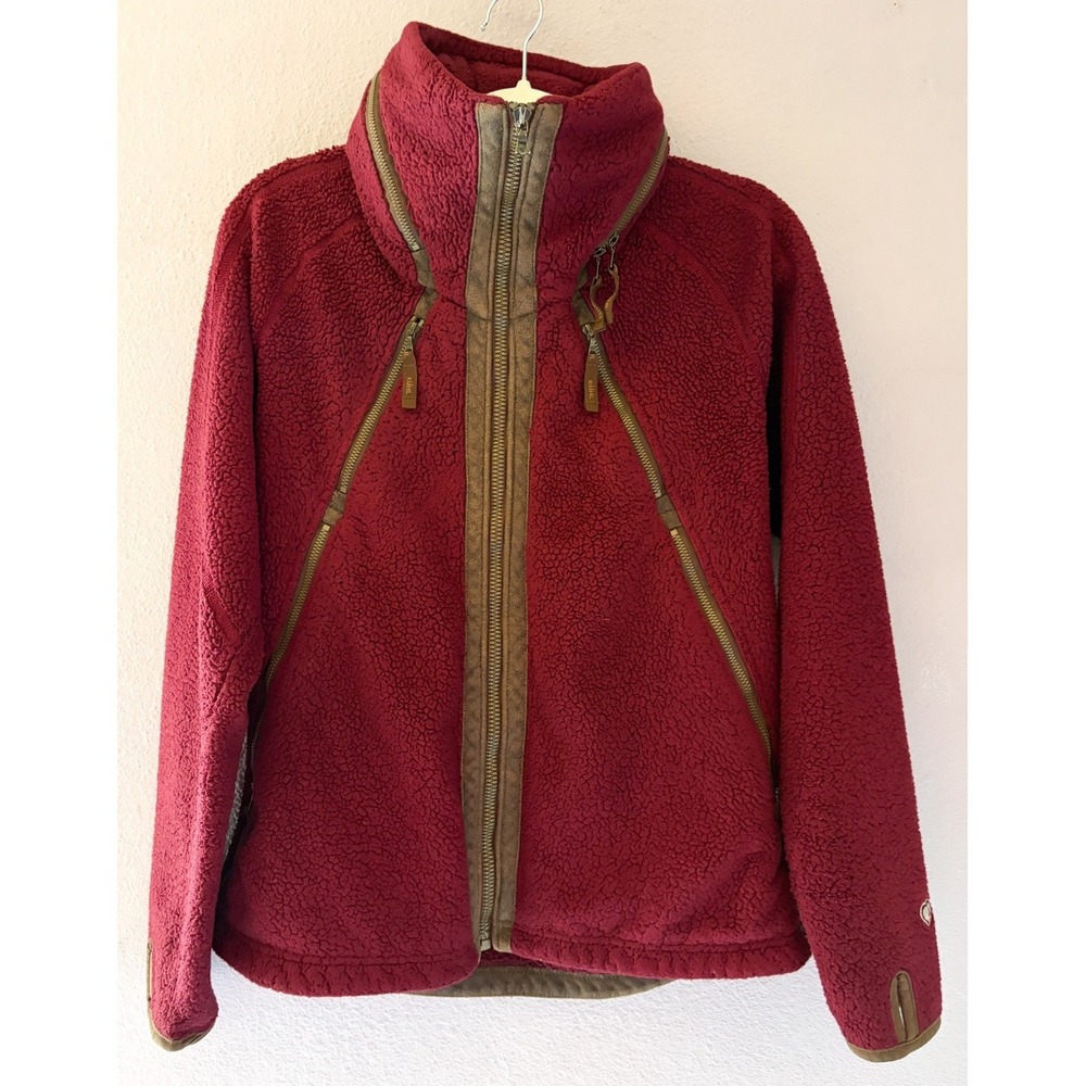 Kuhl Flight Jacket Womens Burgundy Fleece Sherpa Full Zip Hidden Hood‎ Size L